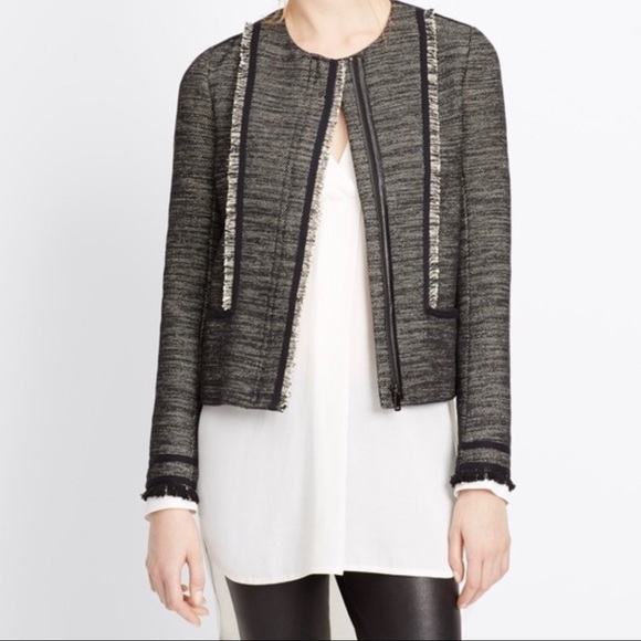 Vince Fringe Trim Boucle Jacket Tweed 